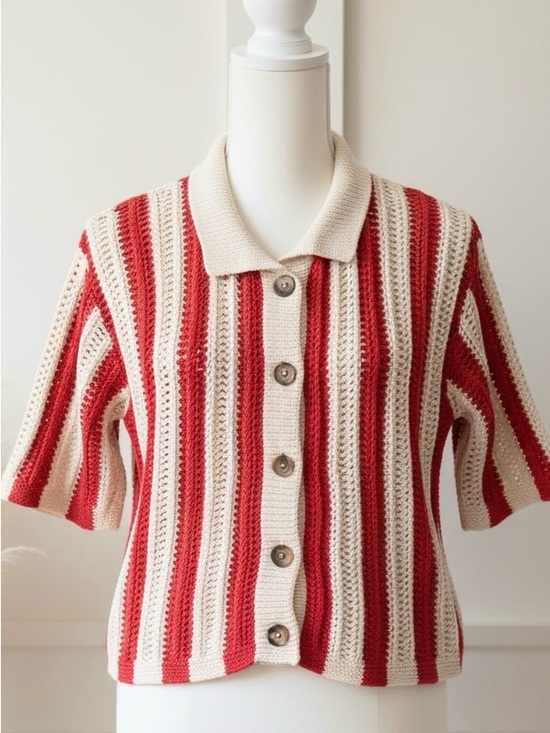 ASOS Sweaters - ASOS Red and Cream Striped Crochet Button-Up Cardigan